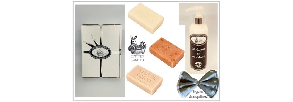 COFFRET pour FEMME, L.C + 3 SAVONS au LAIT D'ANESSE BIO + 1 LINGETTE D'EMAQUUILLANTE