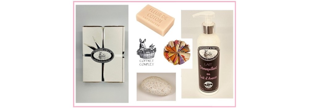 COFFRET DEMAQUILLANT, LAIT DEMAQUILLANT - GALET EXFOLIANT NATURE - SAVON FLEUR de COTON - LINGETTE