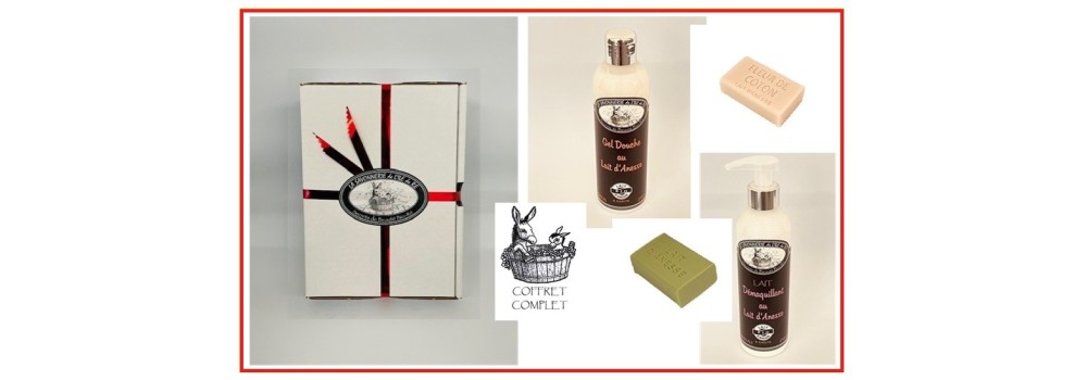 COFFRET Melle RETAISE, GEL DOUCHE au lait d'ânesse bio - LAIT DEMAQUILLANT - 2 SAVONS 125g