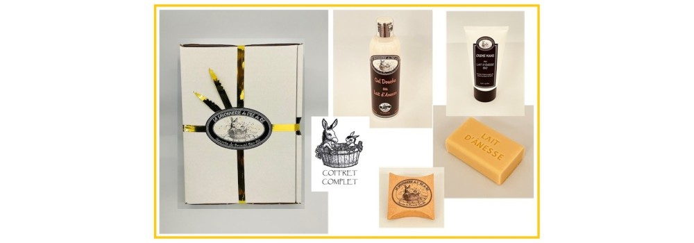 COFFRET BEAUTE, GEL DOUCHE  CREME de MAINS  SAVON D'INVITE + SAVON PECHE de VIGNE / Lait d'ânesse bio