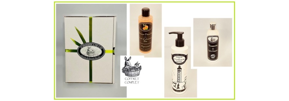 COFFRET FAMILLY, GEL DOUCHE FRUITE  SAVON LIQUIDE MAINS  SHAMPOOING / LAIT D'ÂNESSE BIO